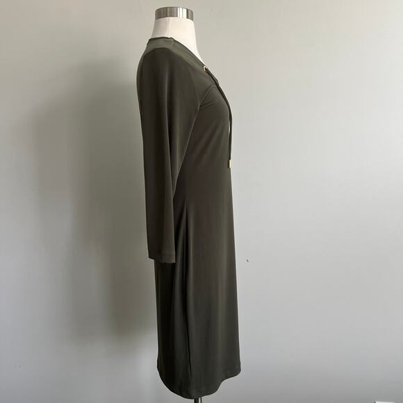 Calvin Klein Lace Up Long Sleeve Dress Soft Slinky Packable 4 Olive Green NWT - Picture 3 of 7